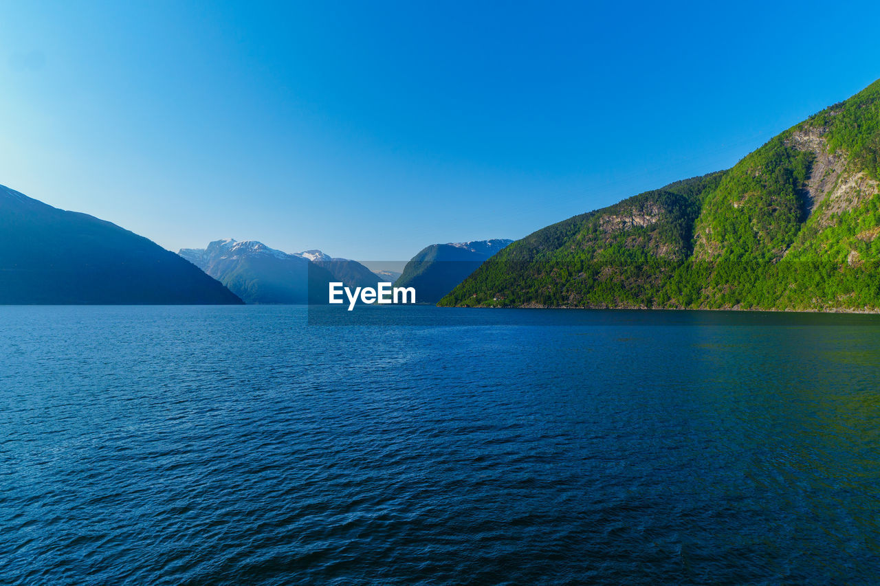 Scenic view of sea and mountains against clear blue sky