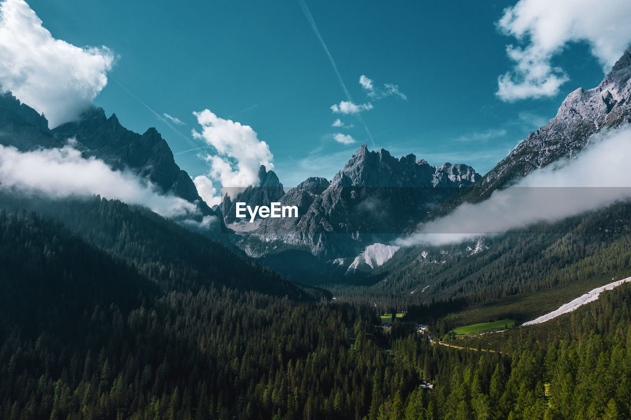 Panoramic view of the sesto dolomites . drone photography.