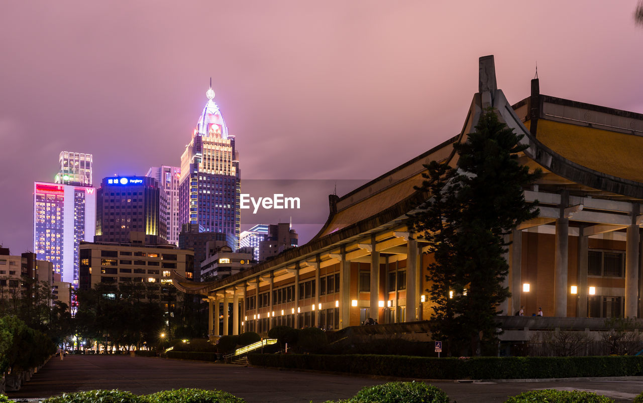 Illuminated buildings at night