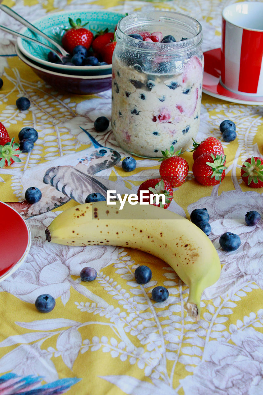 High angle view of dessert on table