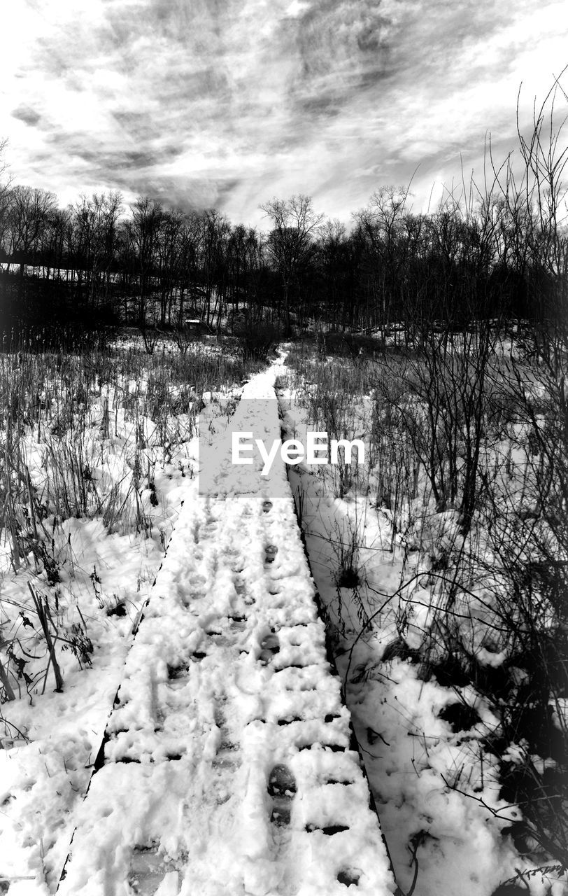 SNOW COVERED LANDSCAPE AGAINST CLOUDY SKY