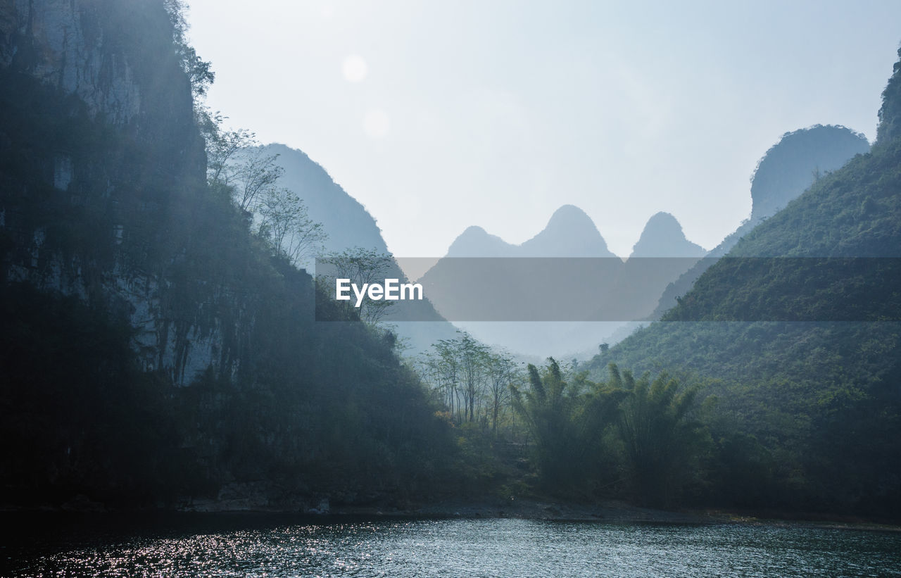 Scenic view of lake and mountains against sky