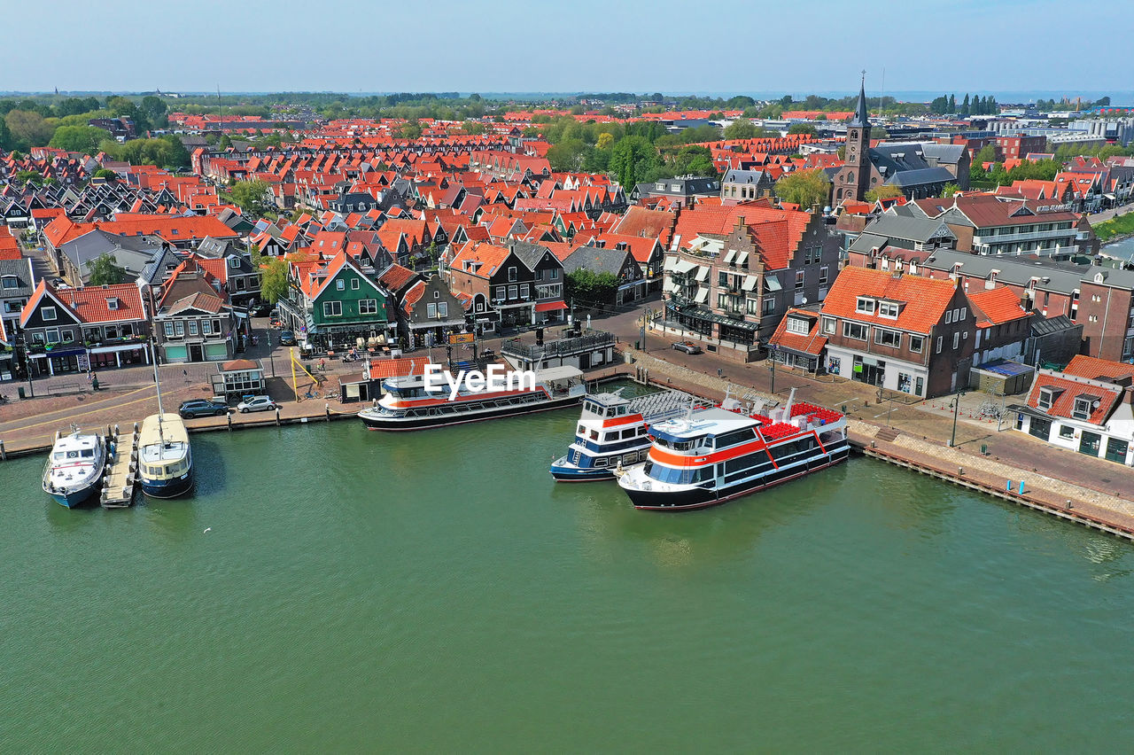 Aerial from the harbor and traditional village volendam in the netherlands