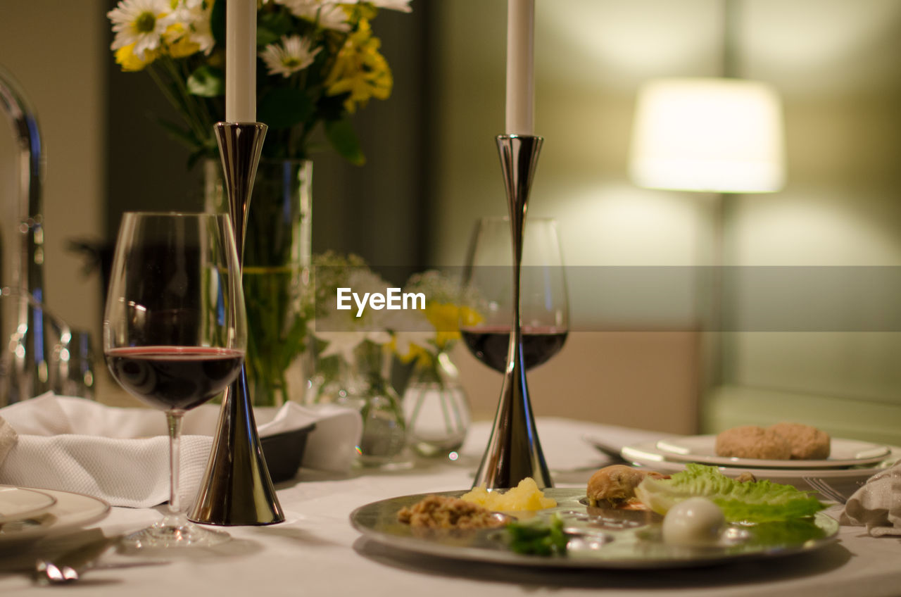 Close-up of food and drink on table in restaurant