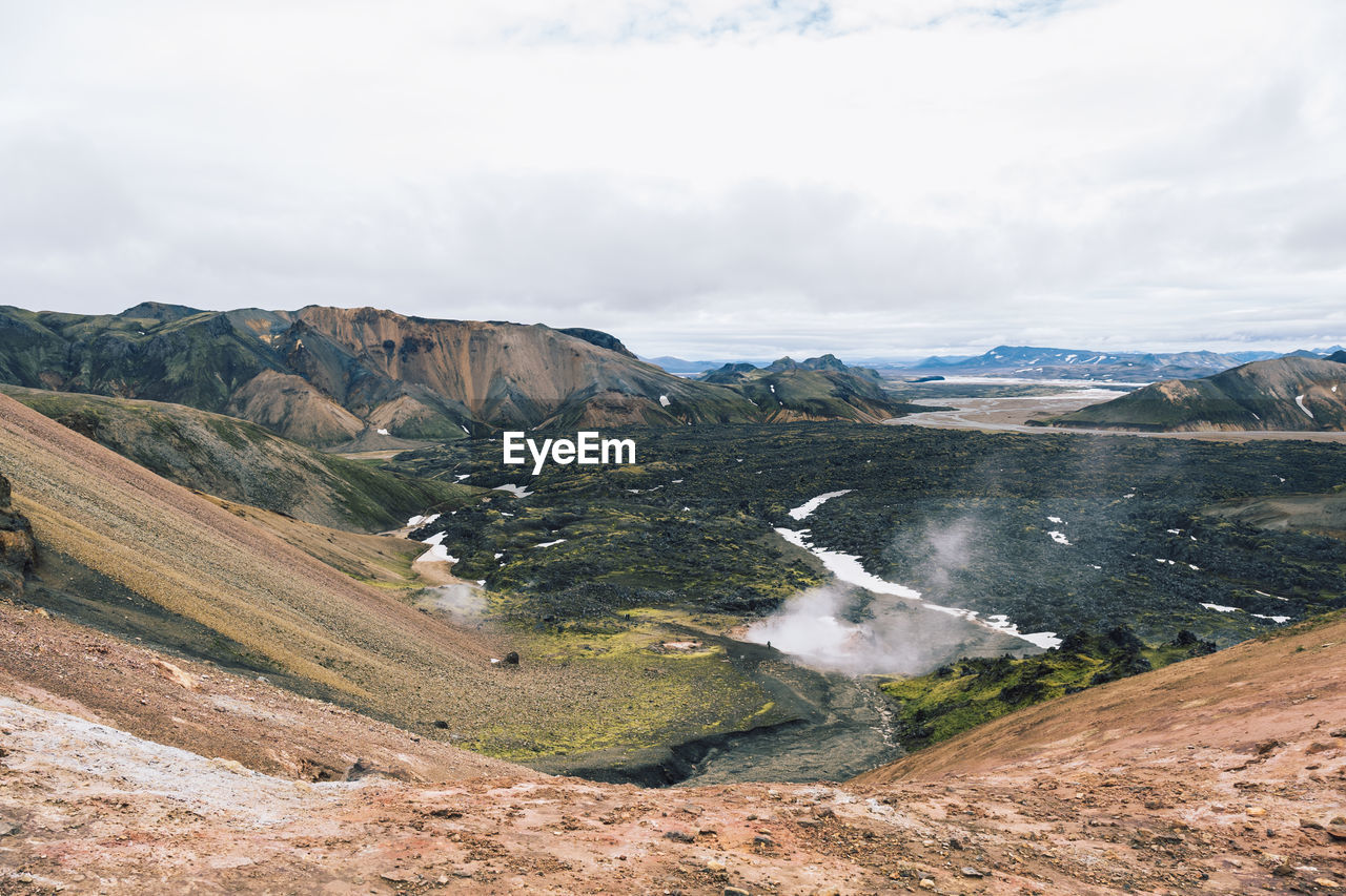 View of volcanic landscape in iceland on a cloudy day