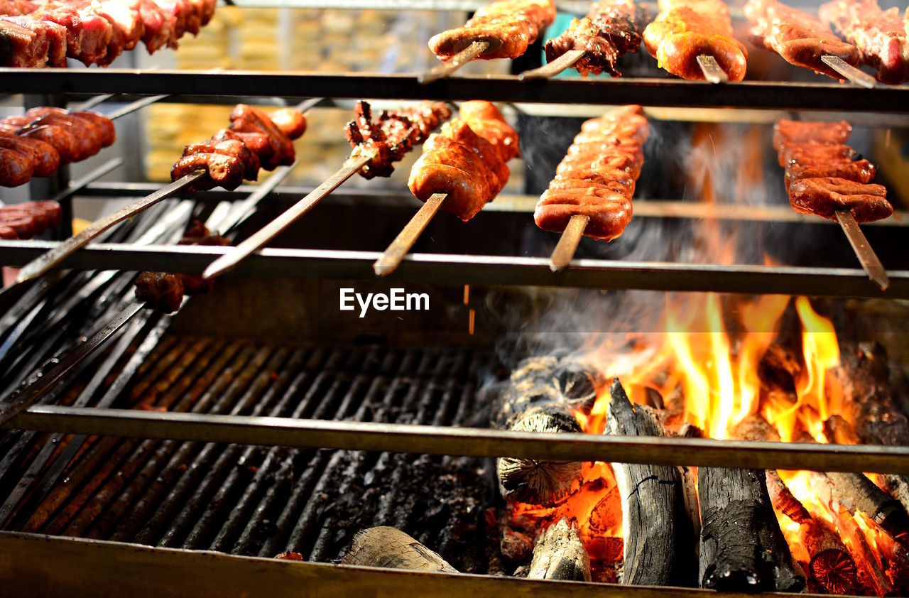 Close-up of meat on barbecue grill