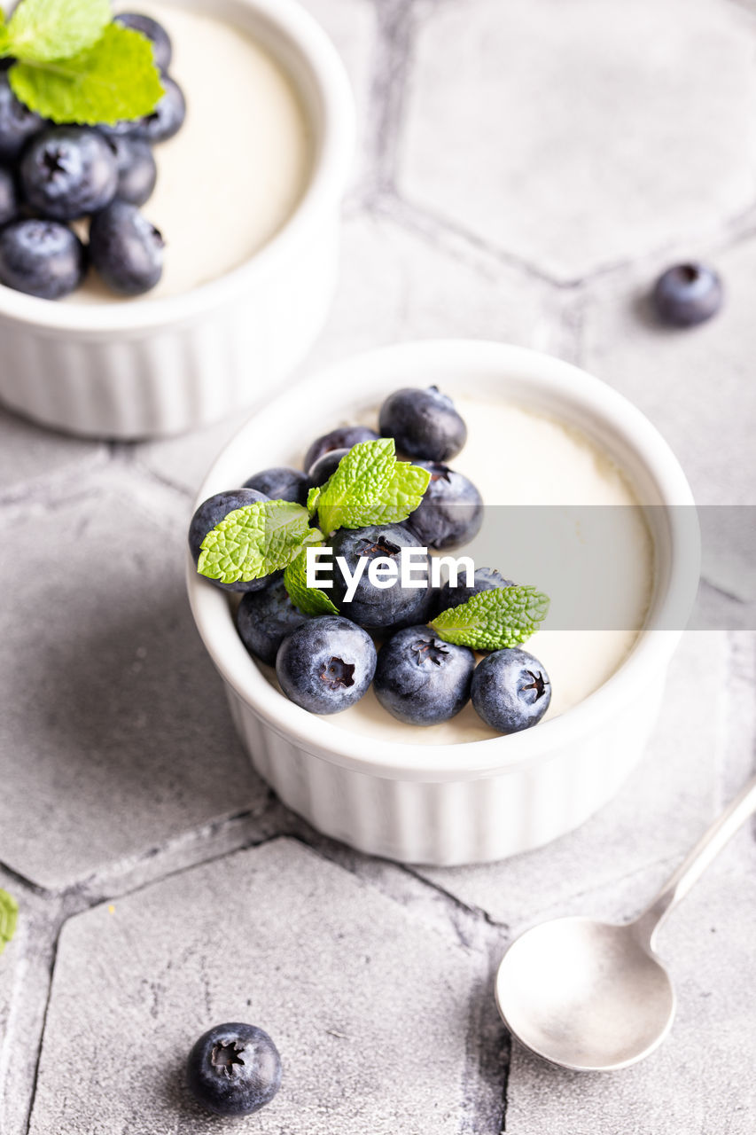 Sweet dessert vanilla panna cotta with blueberries