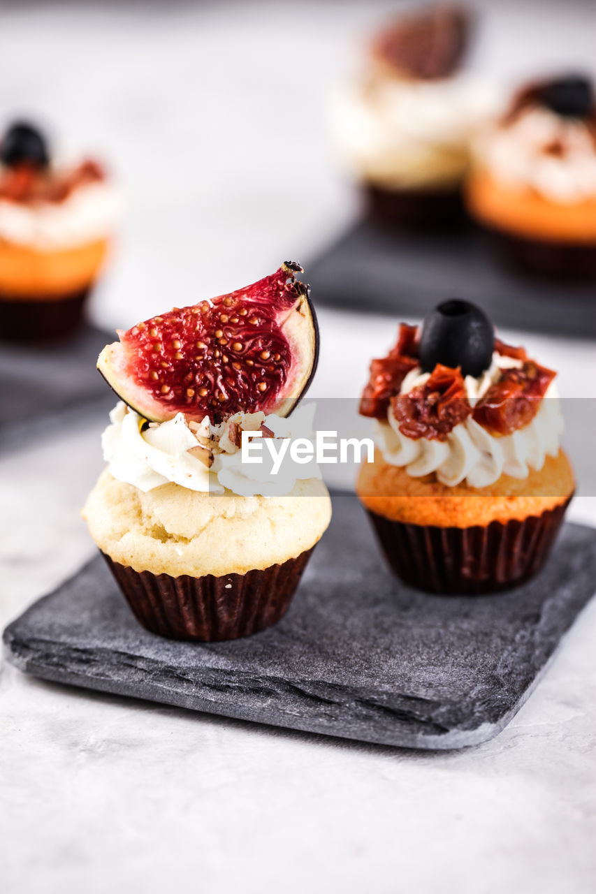 Close-up of dessert served on tray