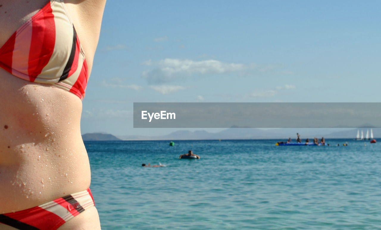Cropped image of wet woman in bikini standing by sea on sunny day