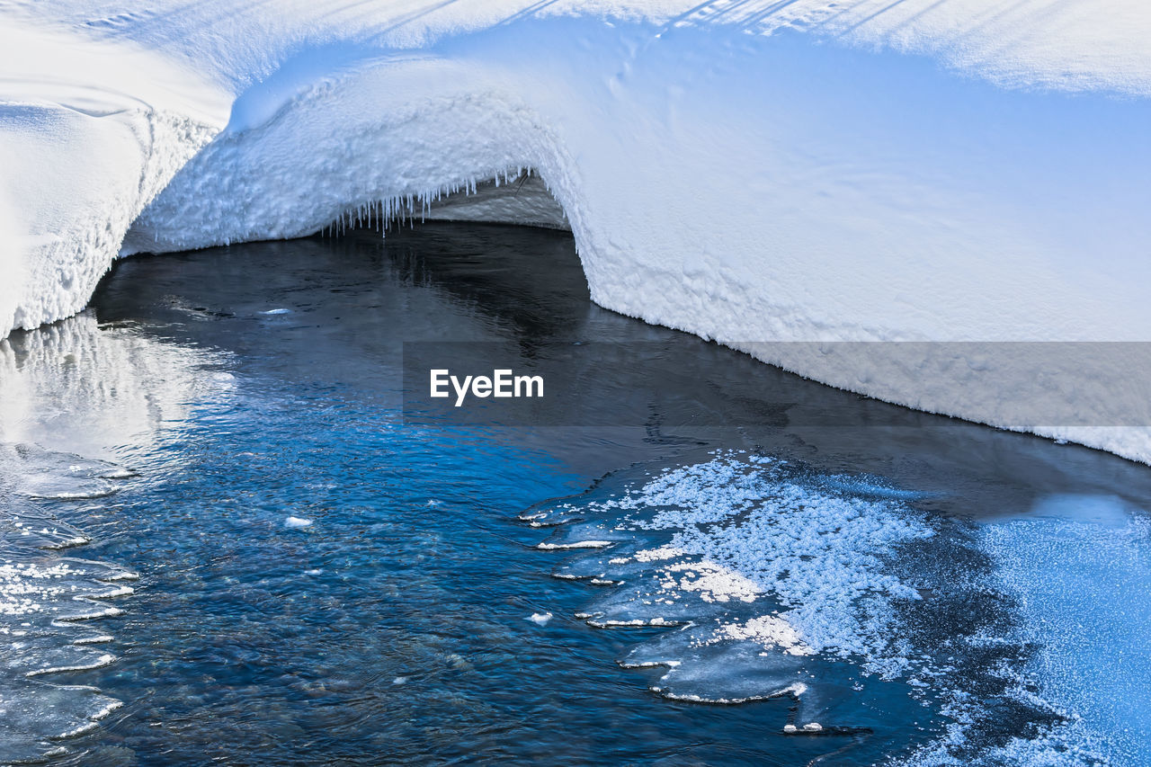 Spring melting of glaciers and water flow through snow and caves