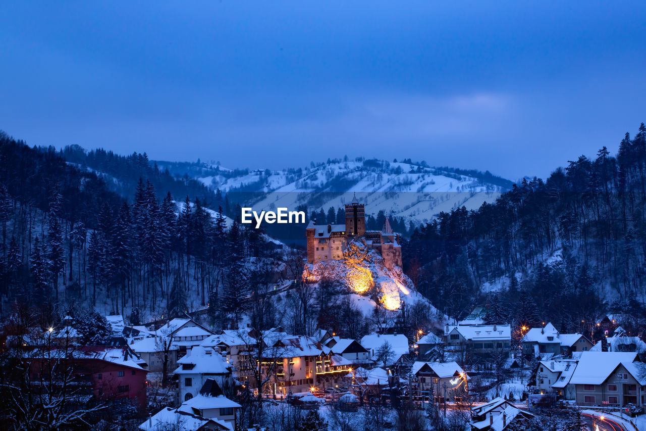 SNOW COVERED TREES BY BUILDINGS AGAINST SKY