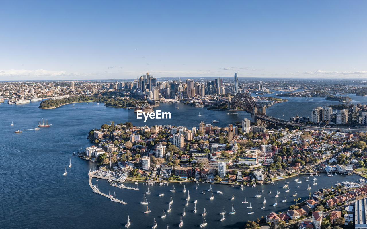 Aerial drone view of the sydney skyline with harbour bridge and kirribilli suburb.