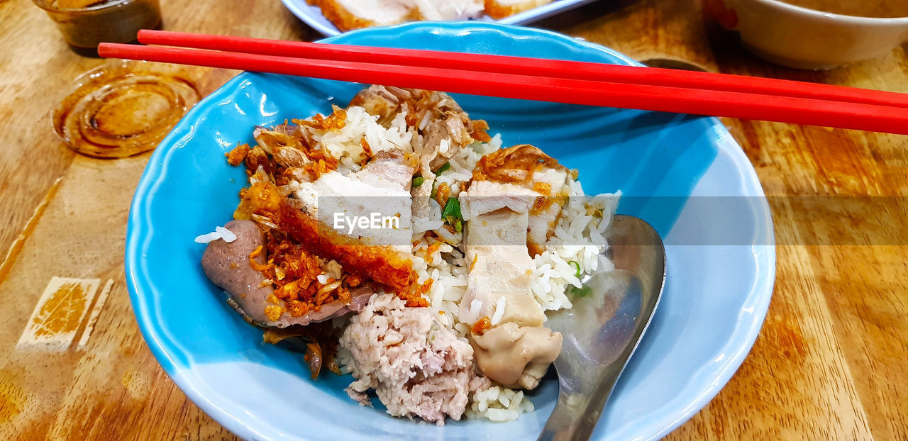 High angle view of food in plate on table