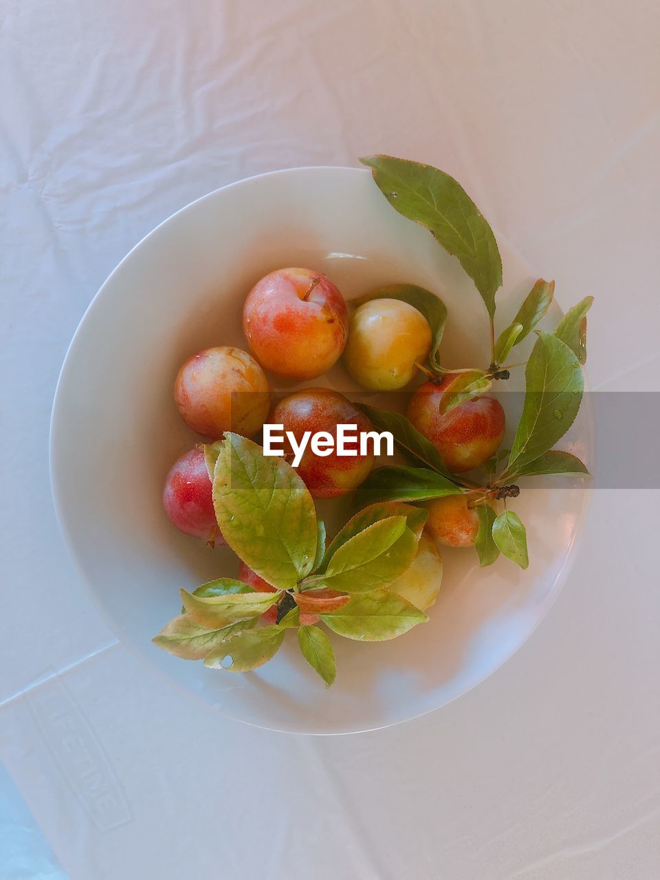 High angle view of fruits in plate on table