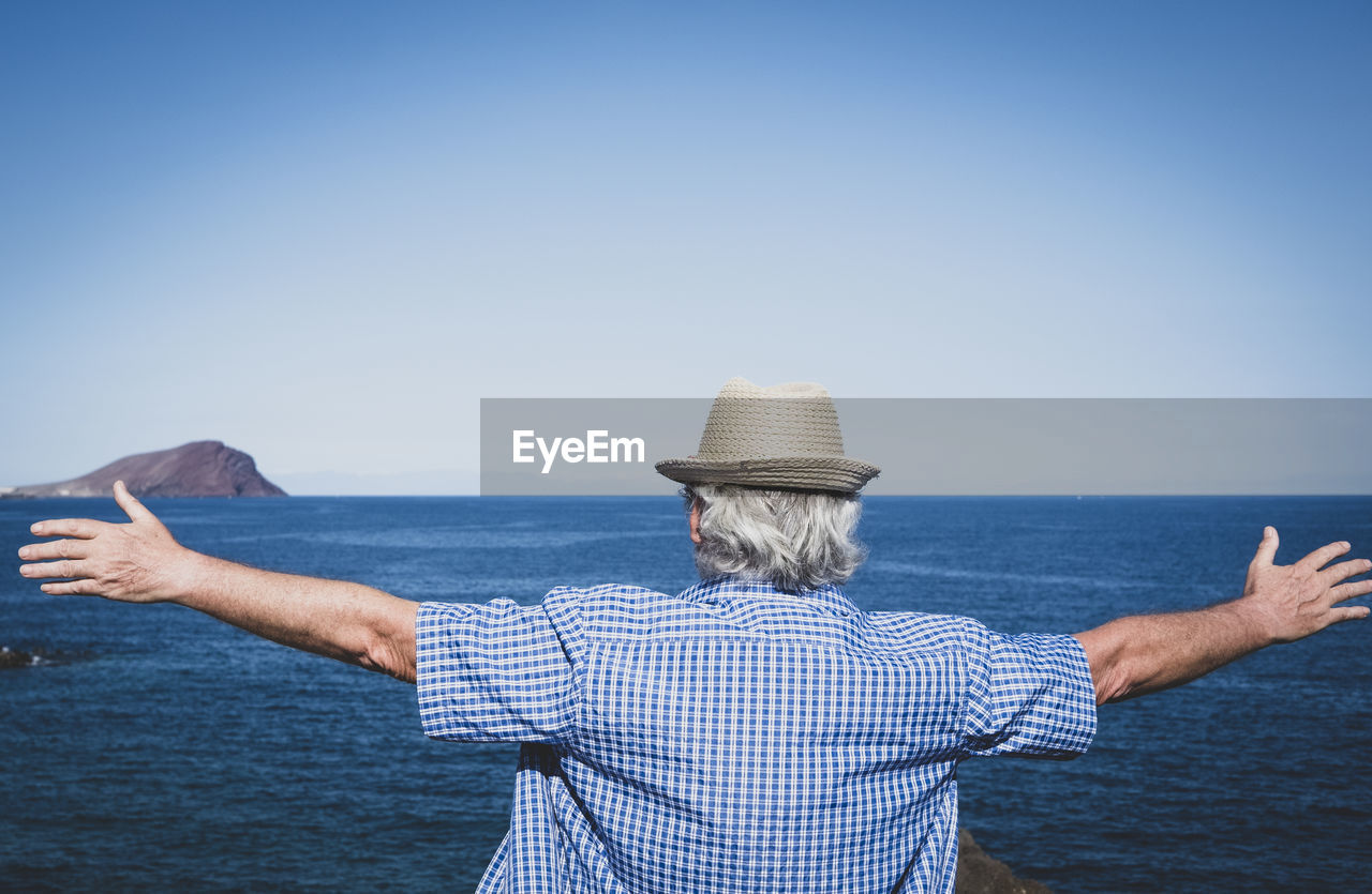 Rear view of man looking at sea against clear sky