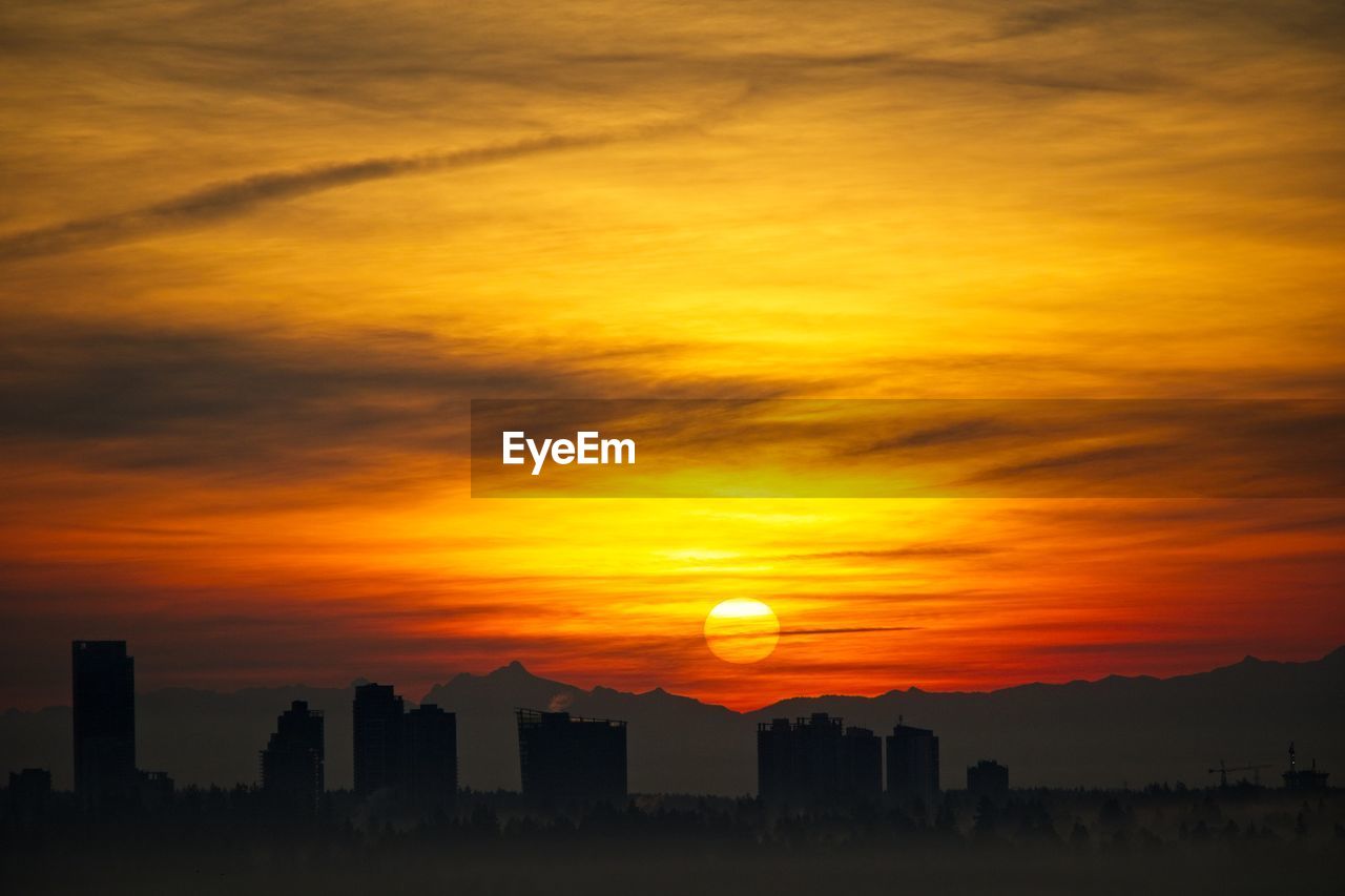 Silhouette buildings against sky during sunset