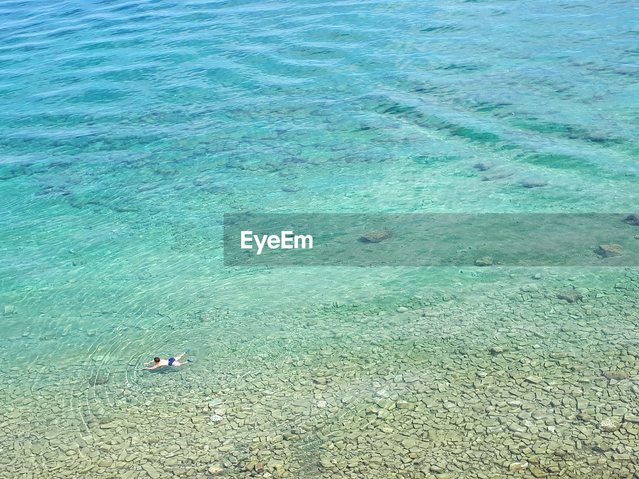 HIGH ANGLE VIEW OF PEOPLE SWIMMING ON SEA