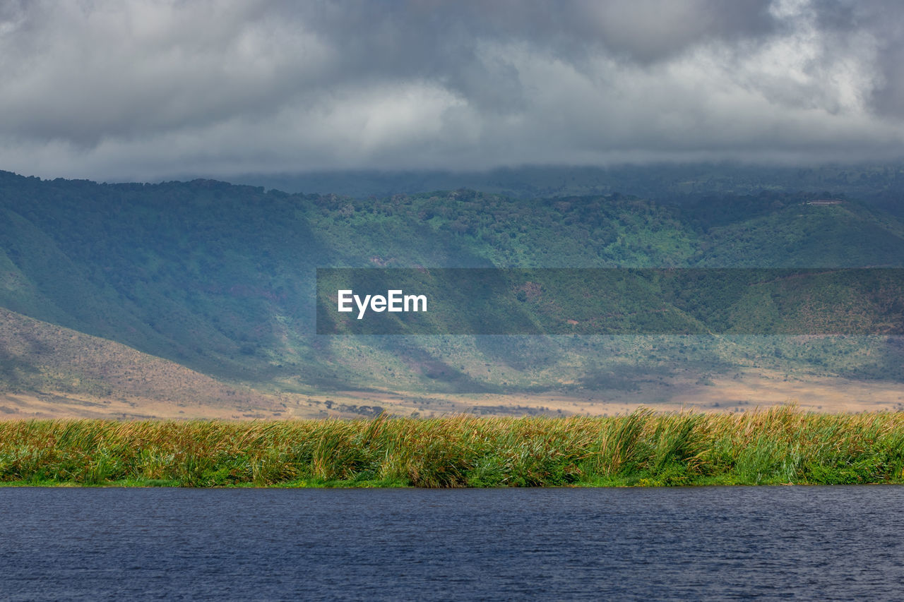 Mountainside, trees and lake of the rich landscape of the conservation area of ngorongoro crater. 