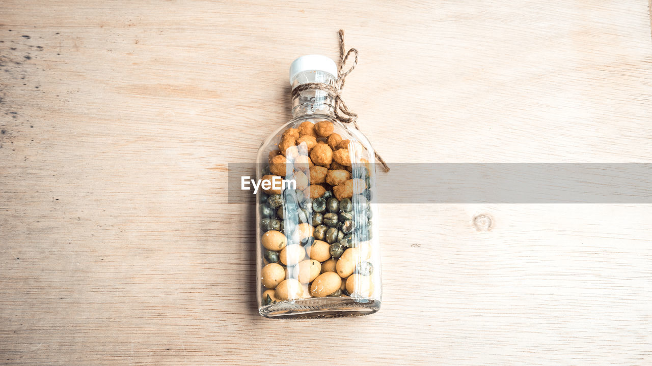 High angle view of food in bottle on table