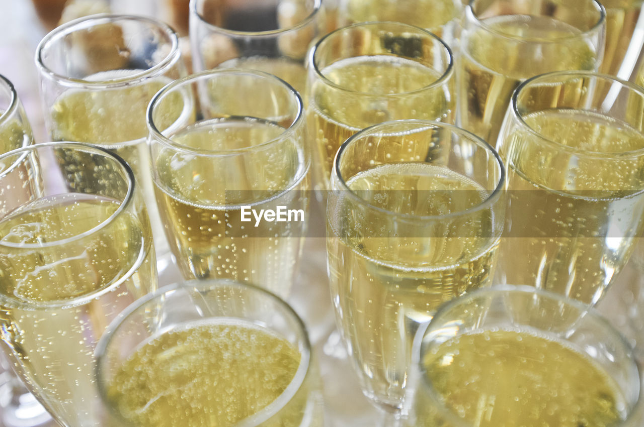 High angle view of champagnes served on table