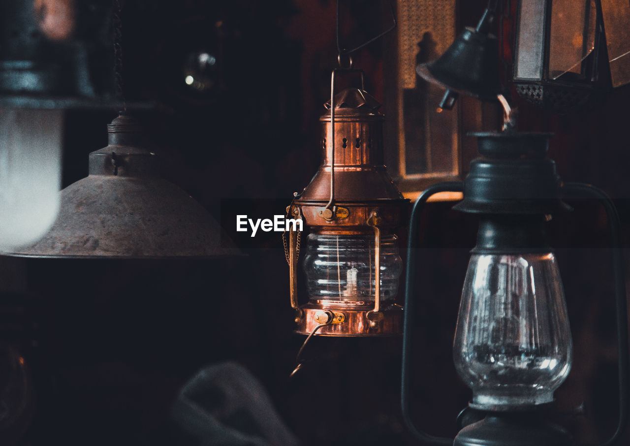 Close-up of lanterns in darkroom