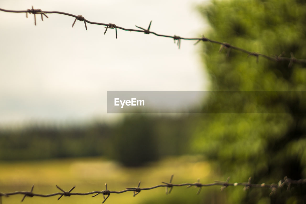 Close-up of barbed wire fence against sky