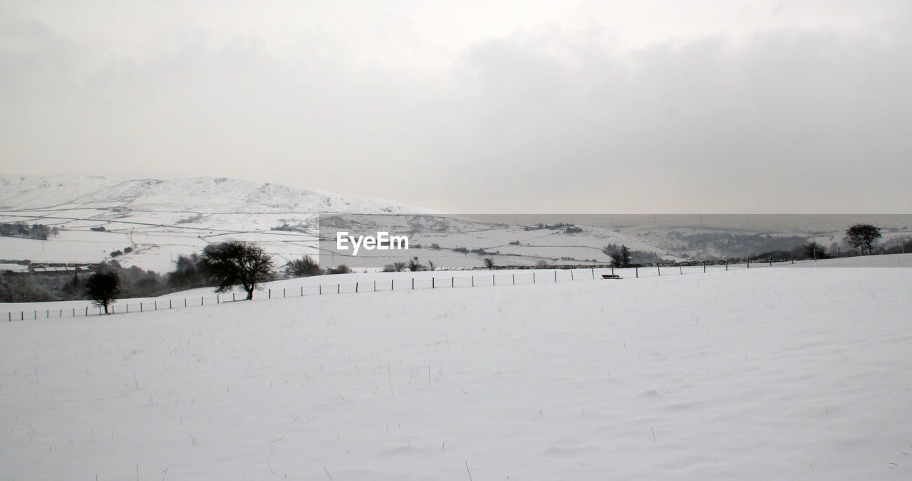 Scenic view of snow covered field against sky