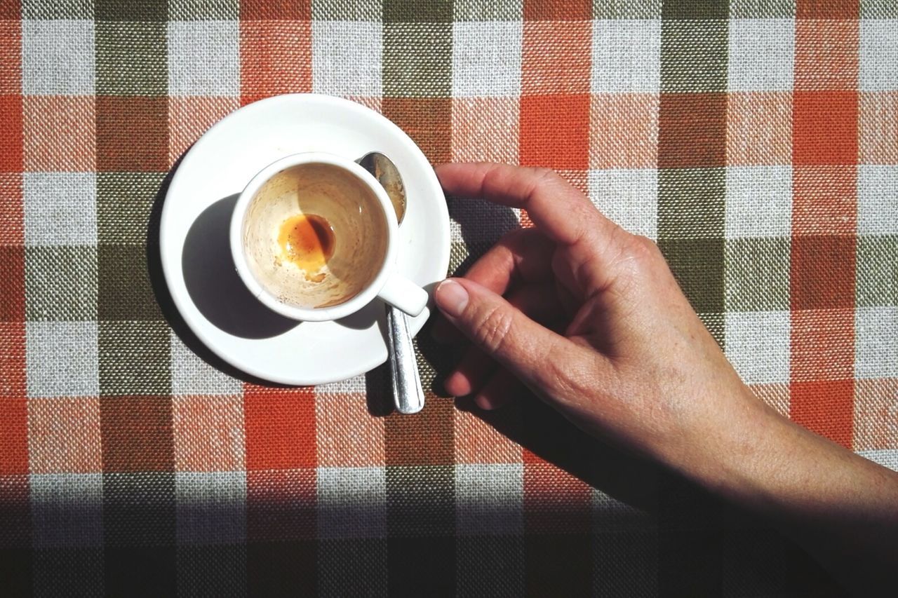 CLOSE-UP OF HAND HOLDING COFFEE CUP AND SPOON ON TABLE