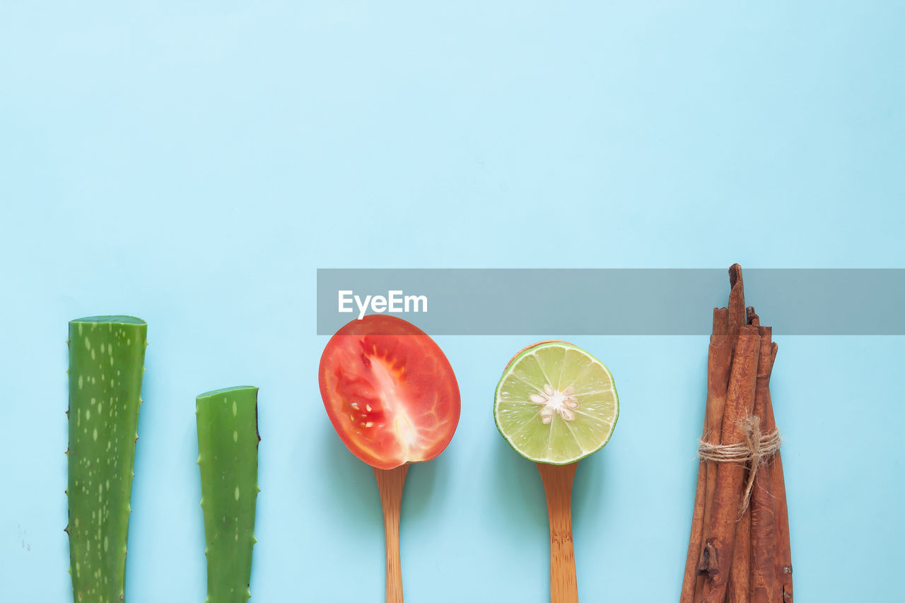 Directly above shot of food against blue background