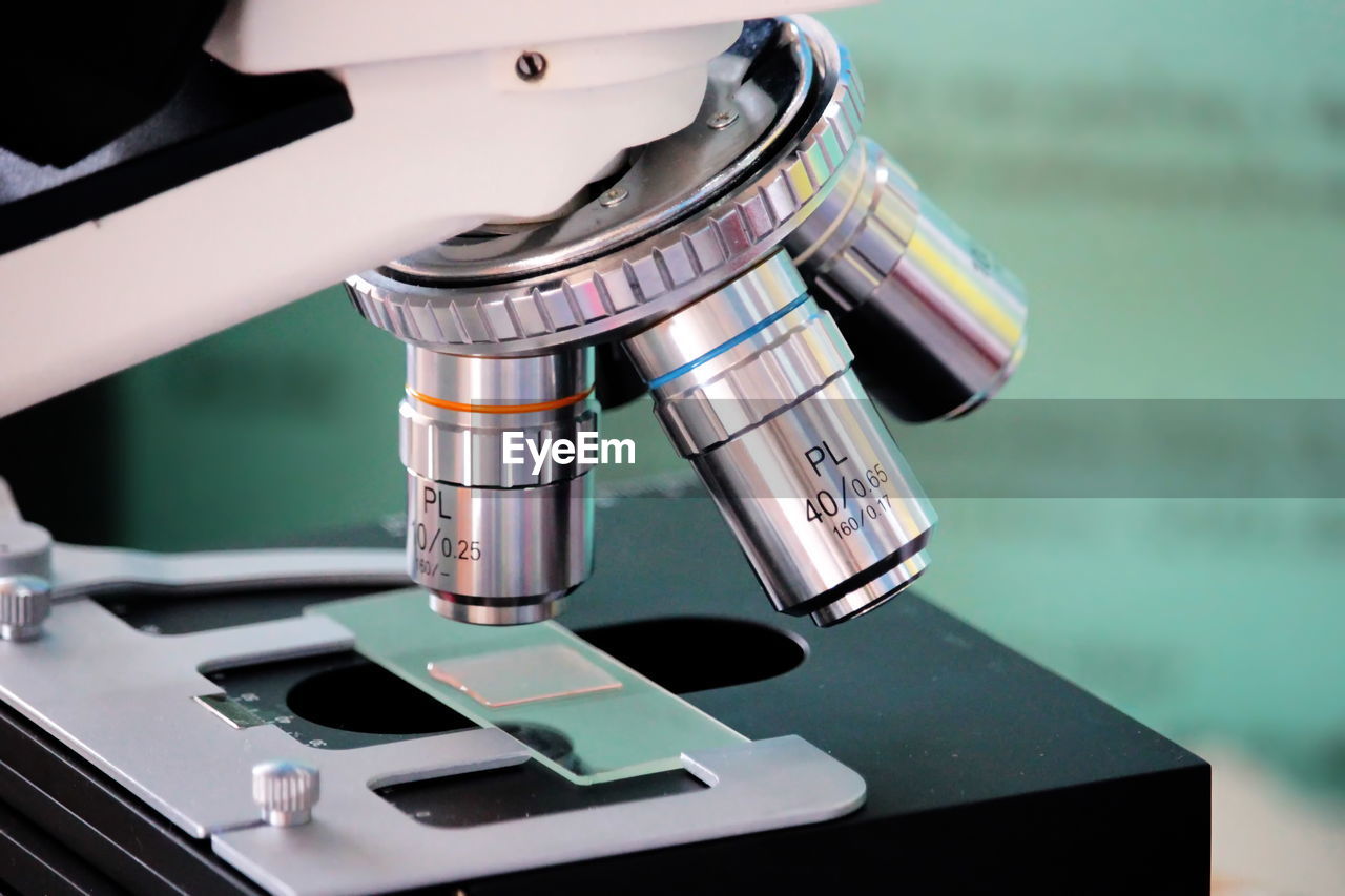 Close-up of microscope at laboratory