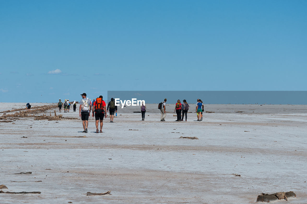 Group of people standing at beach against blue sky during sunny day