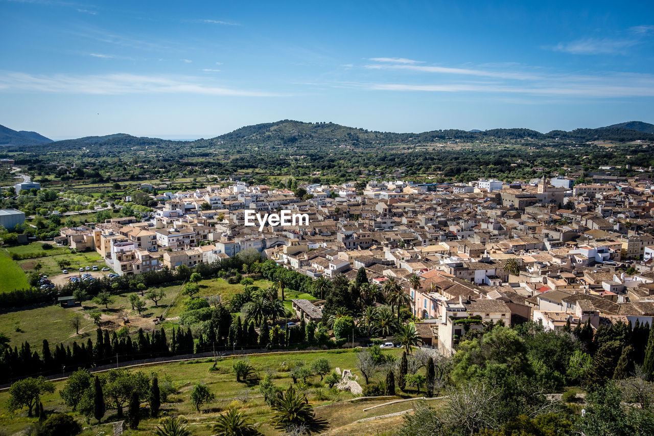 High angle shot of townscape against sky