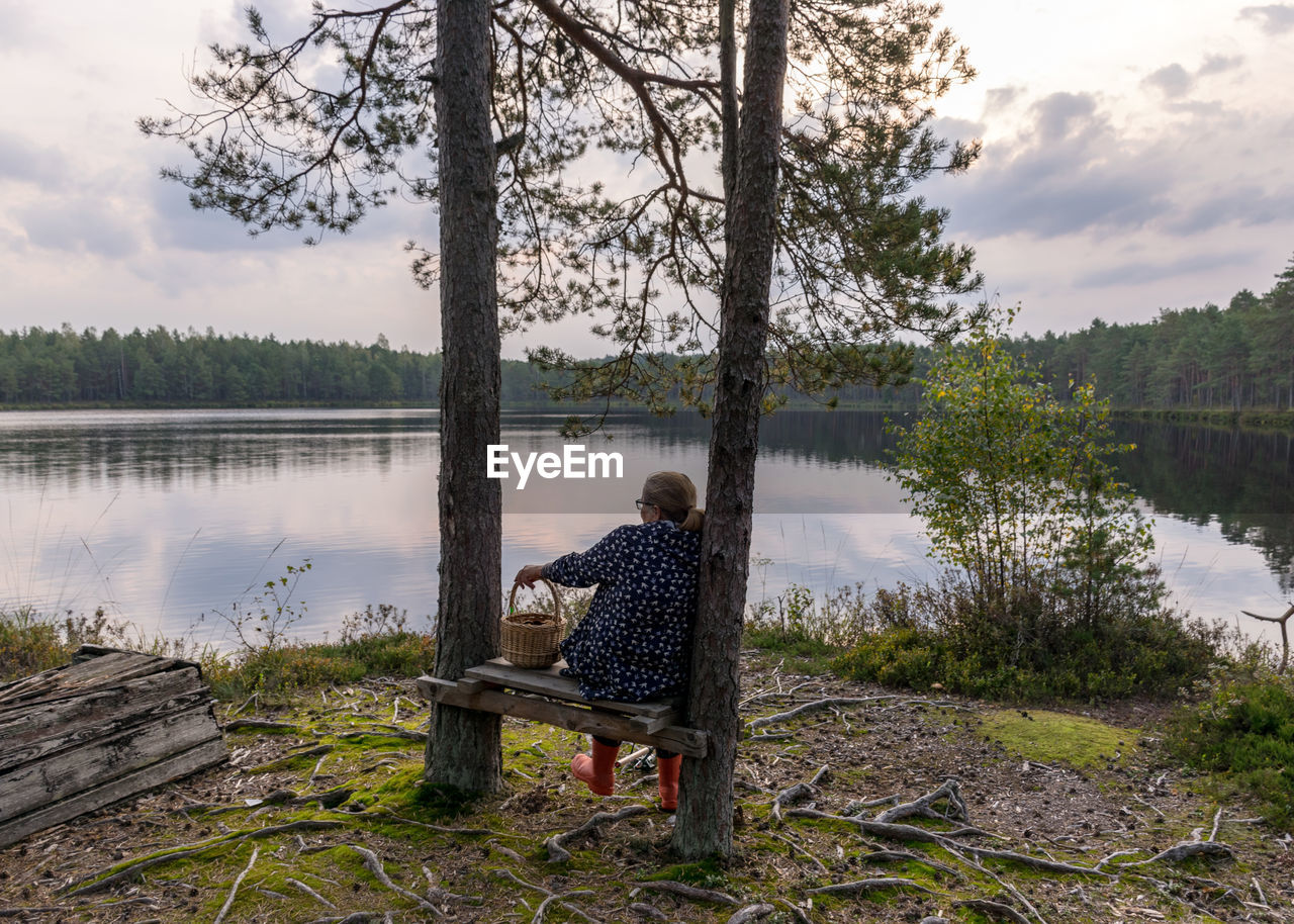 Rear view of man sitting on bench by lake against sky