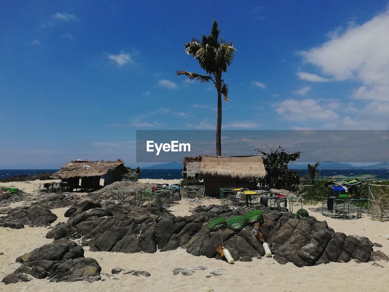 PALM TREES ON ROCKS AGAINST SKY