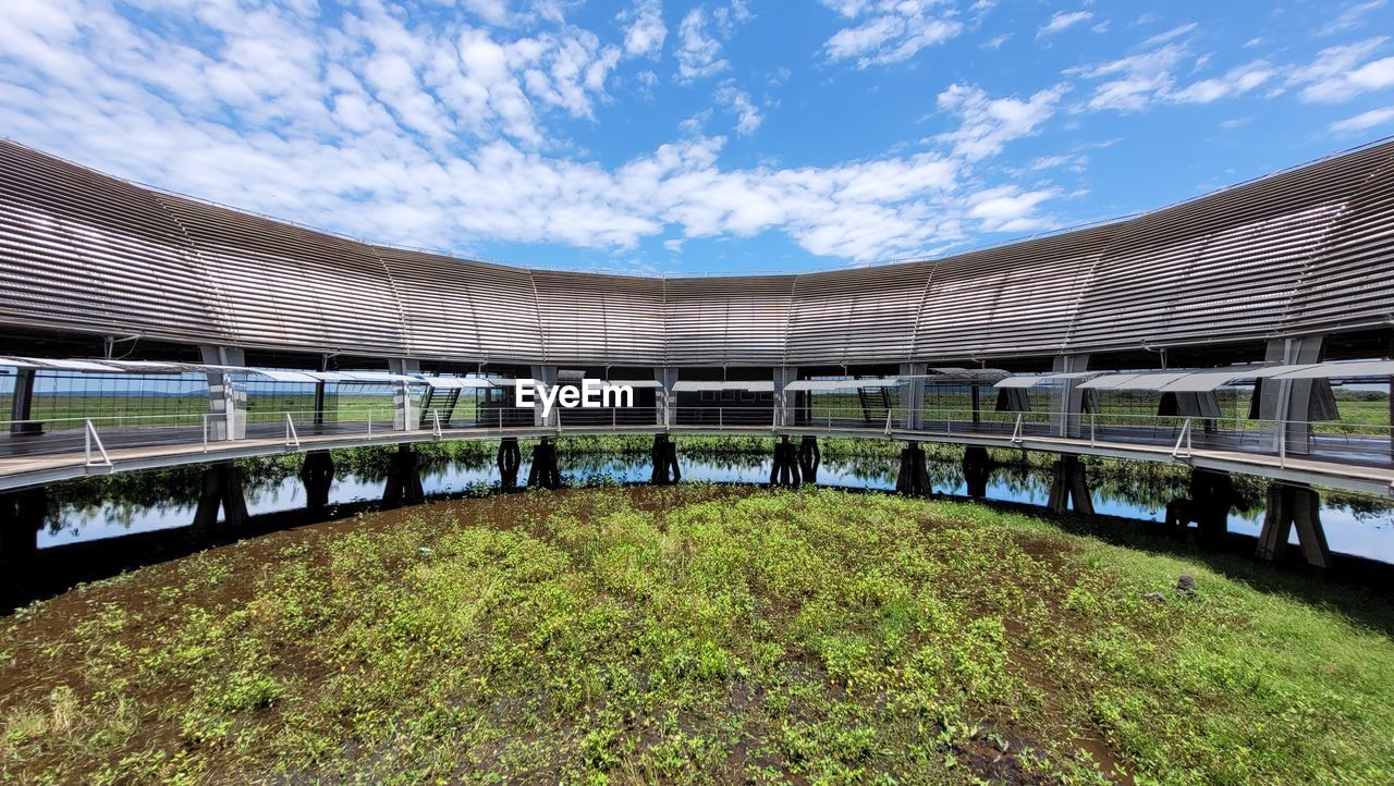 sport venue, architecture, stadium, built structure, nature, sky, grass, plant, arena, cloud, day, sports, race track, outdoors, no people, environment, travel, building exterior, travel destinations, sunlight