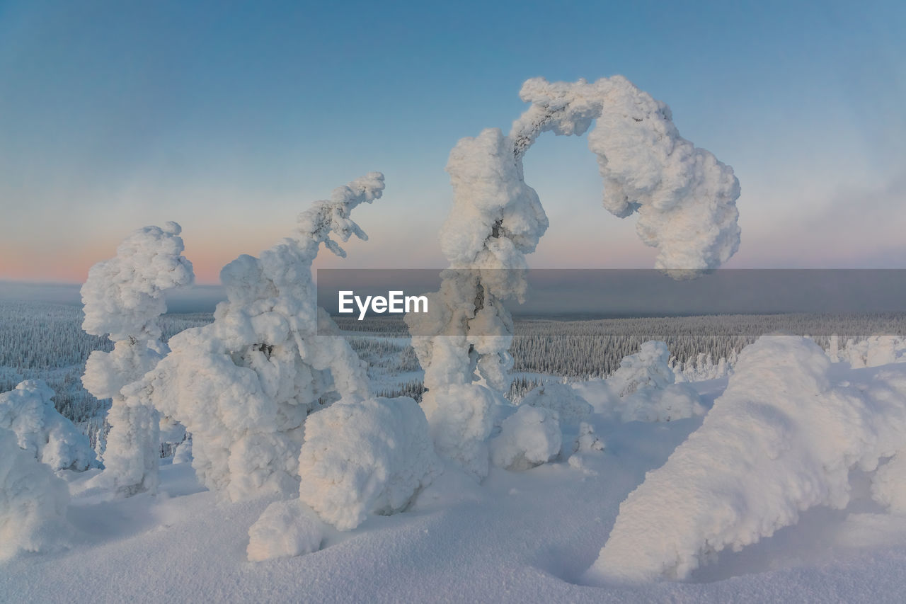 Snow covered land against sky