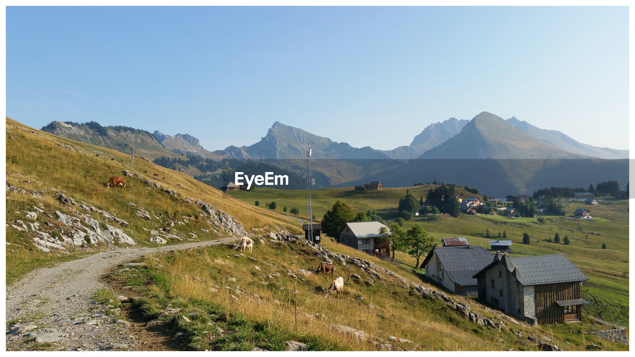 Scenic view of landscape and mountains against clear sky