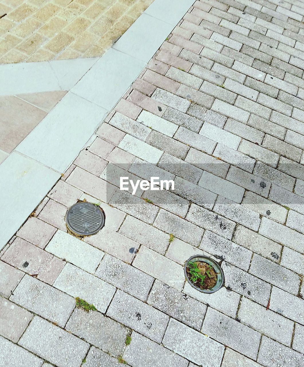 HIGH ANGLE VIEW OF MANHOLE ON FIELD