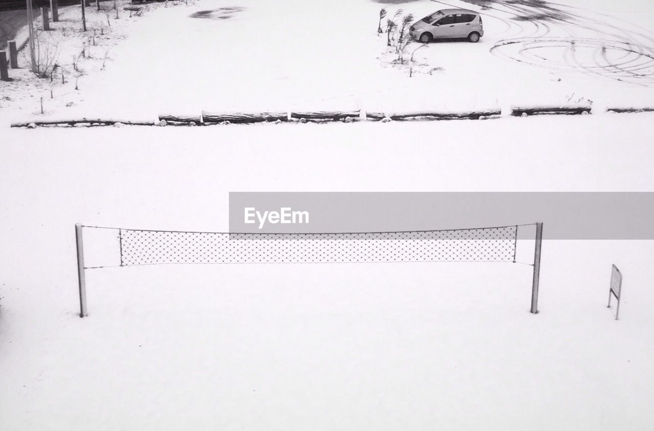 Snow covered beach volleyball court