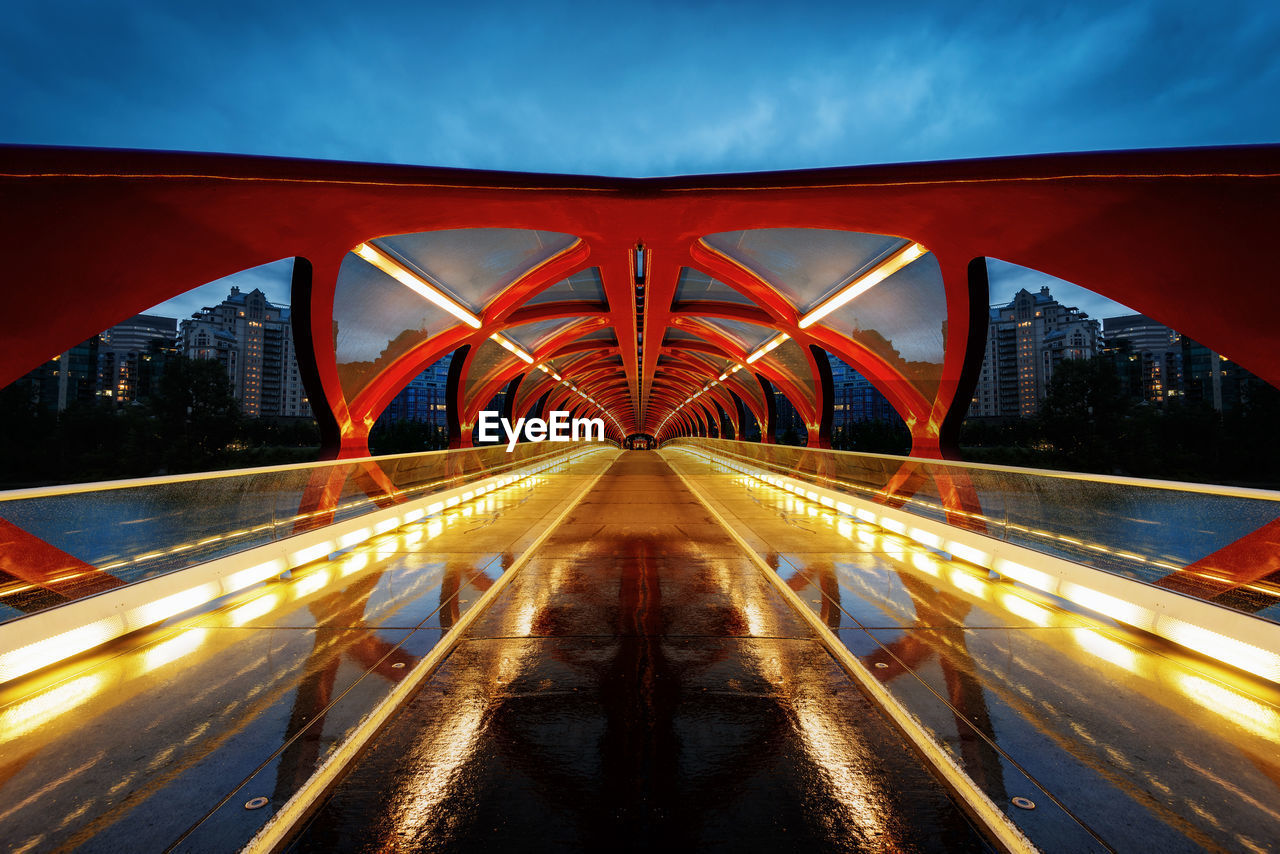 Light trails on bridge in city against sky at night