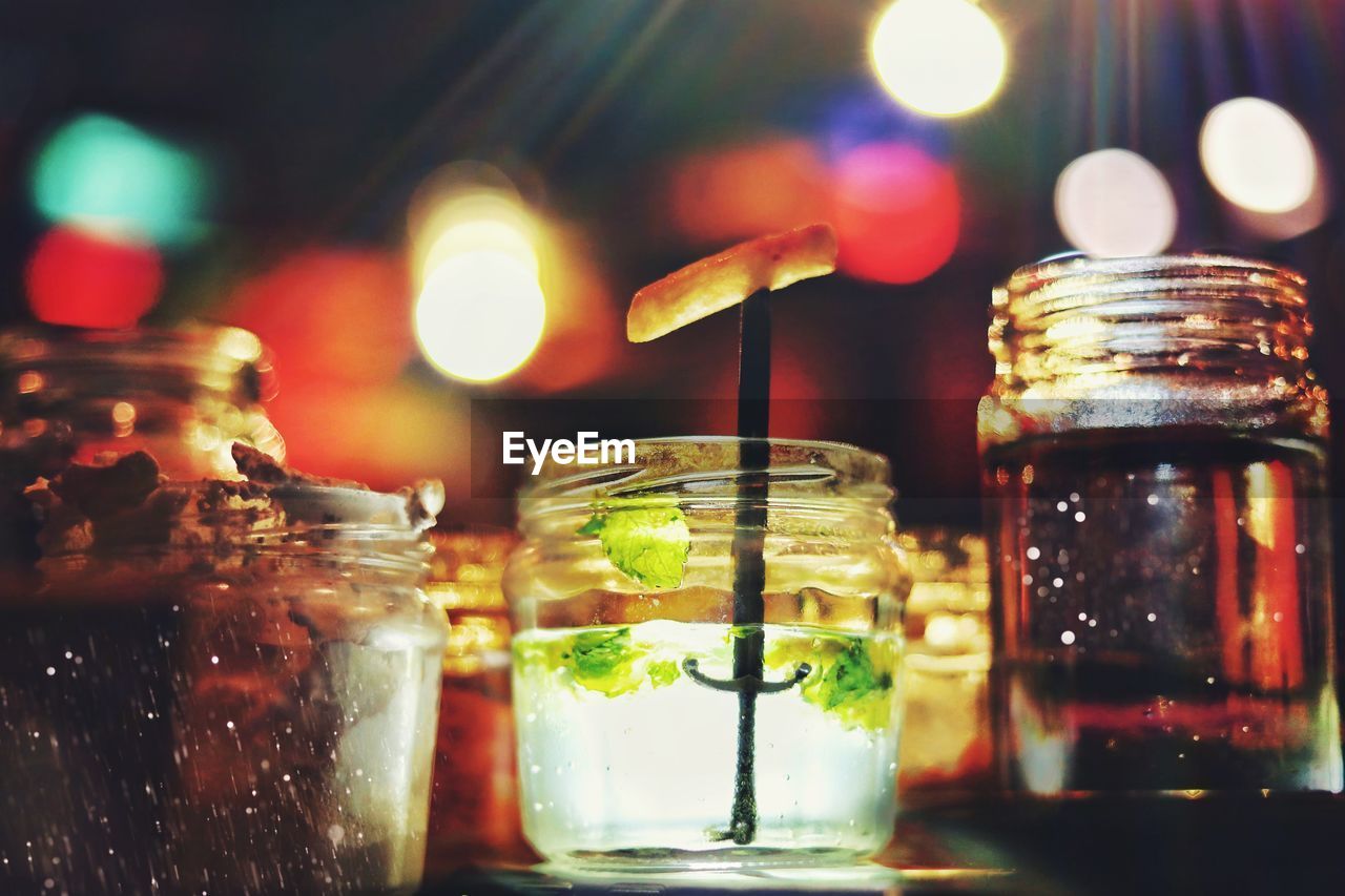 Low angle view of drinks on table