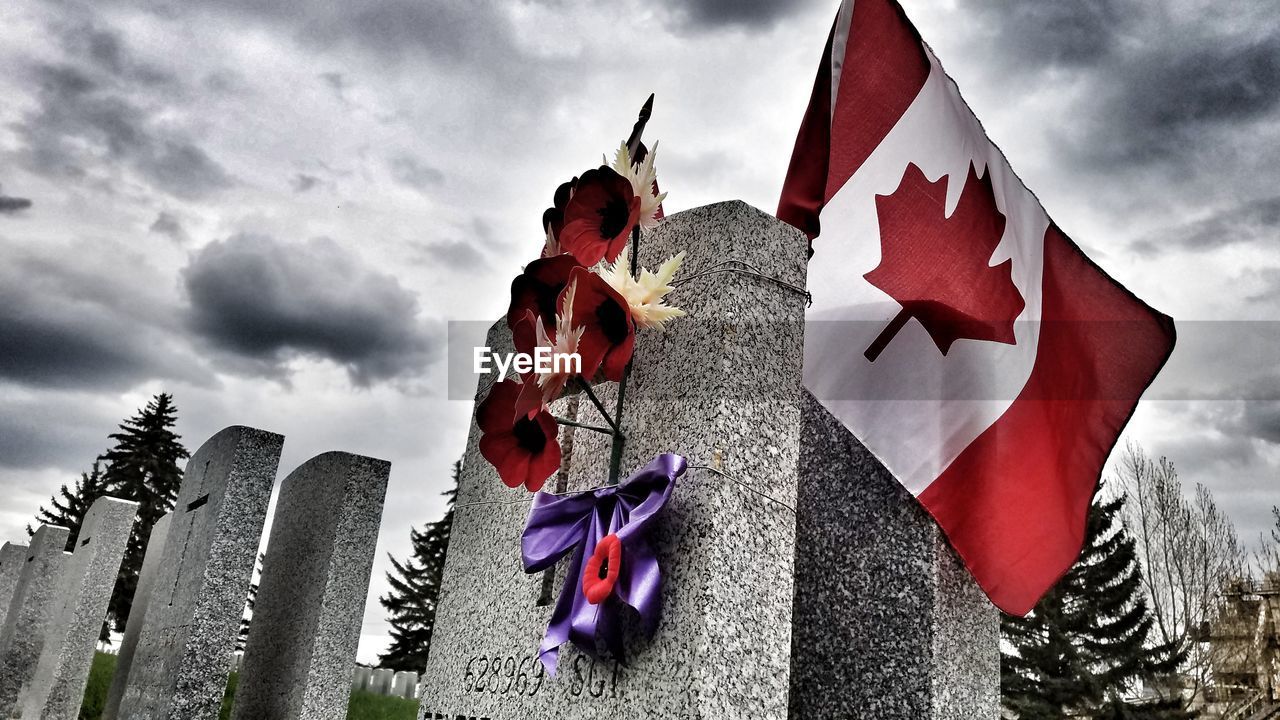 LOW ANGLE VIEW OF FLAGS ON FLAG AGAINST SKY