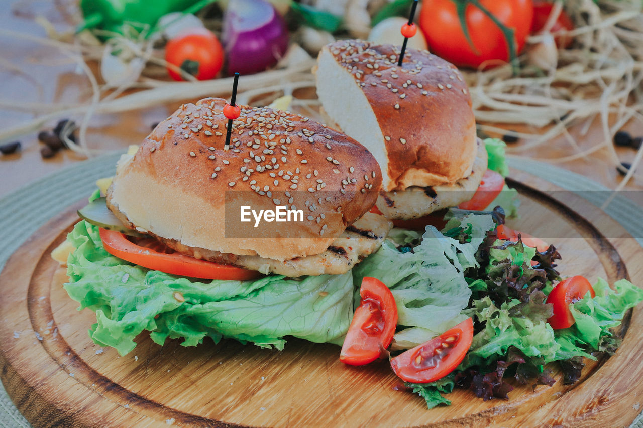 Close-up of burger on table