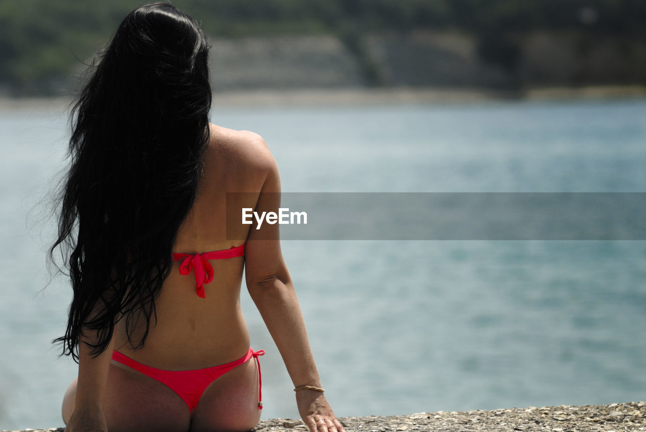 Rear view of seductive woman wearing bikini standing at beach