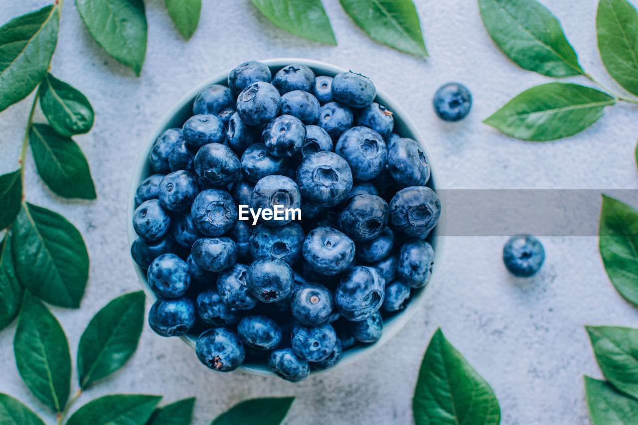 Top view of ripe blueberry in a bowl with green leaves over gray table background.