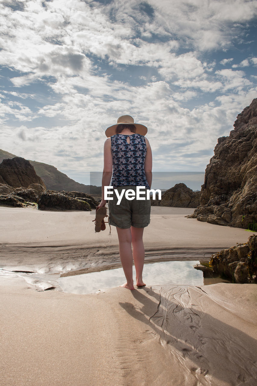 Full length rear view of woman standing at beach against sky