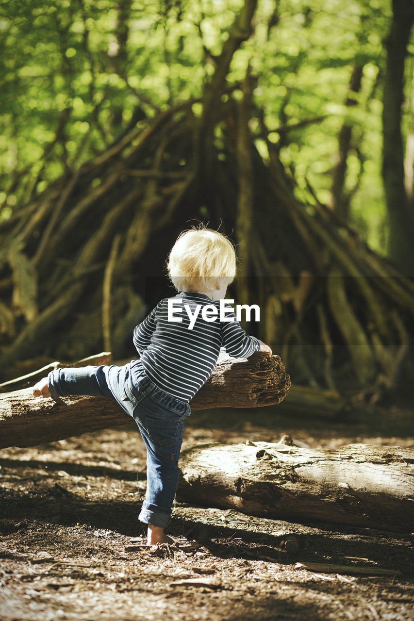 Little boy playing in forest