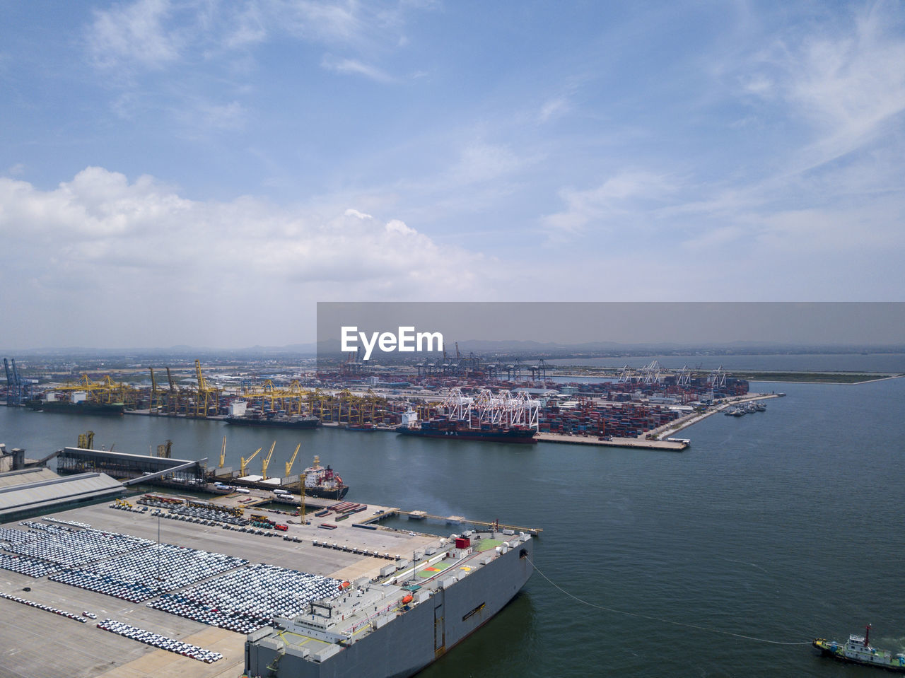 HIGH ANGLE VIEW OF COMMERCIAL DOCK AGAINST SKY