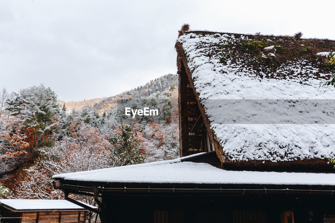 SNOW COVERED HOUSE AGAINST SKY