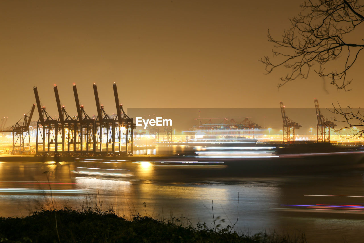 View of commercial dock at night